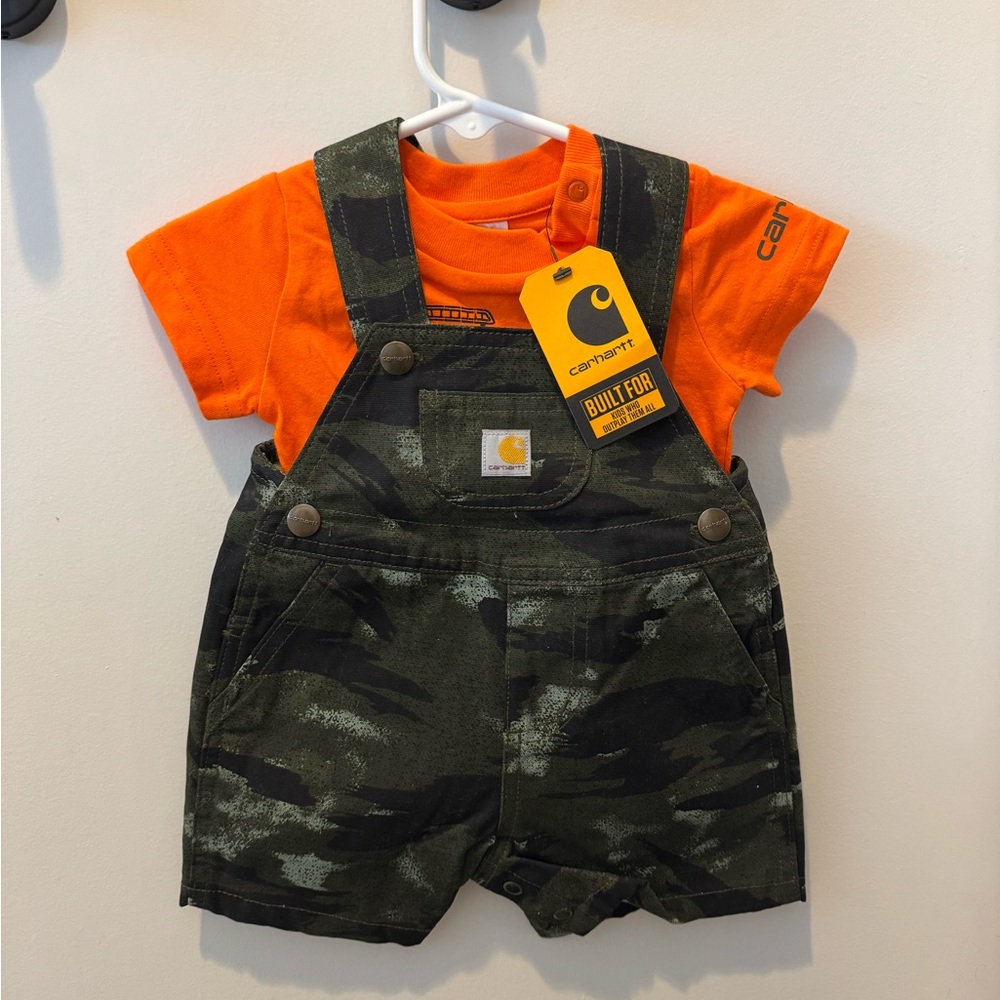 NWT Carhartt Camo Shortalls Overalls & Orange Short-Sleeve Onesie Set — 6 Months